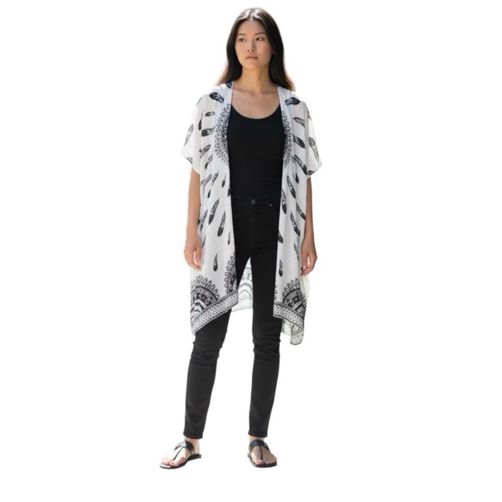 Band Of Gypsies Open Front Boho Festival kimono cardigan top XS feather print